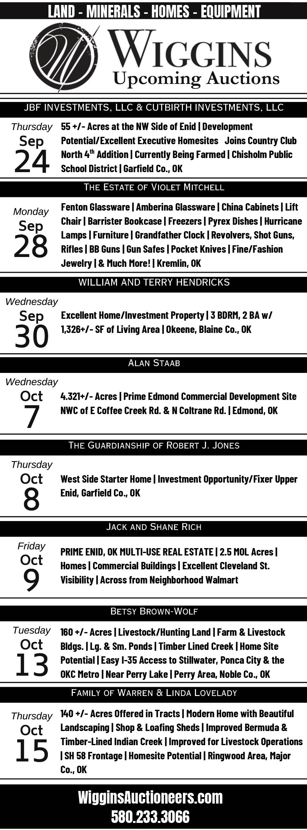 Wiggins Auctioneers. JBF and Cutbirth Investments, September 24; Violet Mitchell estate, September 28; William and Terry Hendricks, September 30; Alan Staab, October 7; Robert J. Jones guardianship, October 8; Jack and Shane Rich, October 9; Betsy Brown-Wolf, October 13; Warren and Linda Lovelady family, October 15. Land, homes, estate contents and development property in Oklahoma. WigginsAuctioneers.com. 580-233-3066.